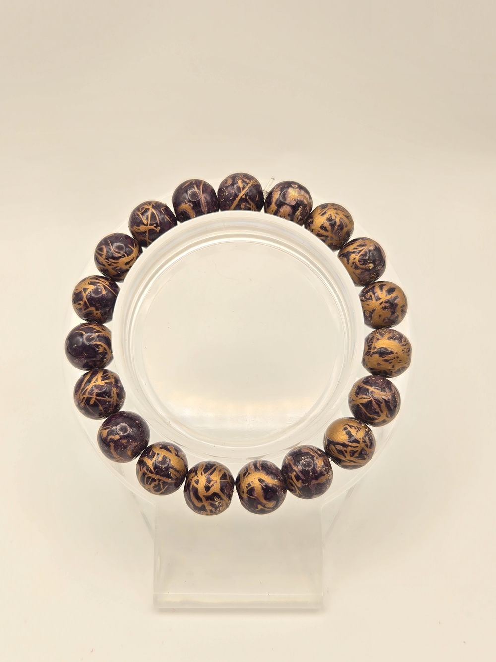 10mm Hand Crafted Glass Purple & Gold Marbled Bead Bracelet